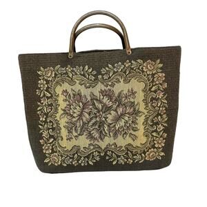 Vintage Floral Needlepoint Tapestry Victorian Metal Top Handle Tote Bag Purse